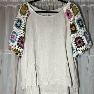 Umgee Granny Square Crochet Top with 3/4 Puff Sleeves in Oatmeal